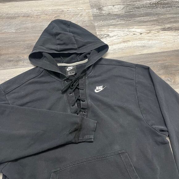 Nike Black Women Medium Sportswear French Terry Lace Up Swoosh Sweatshirt Hoodie - Picture 2 of 10